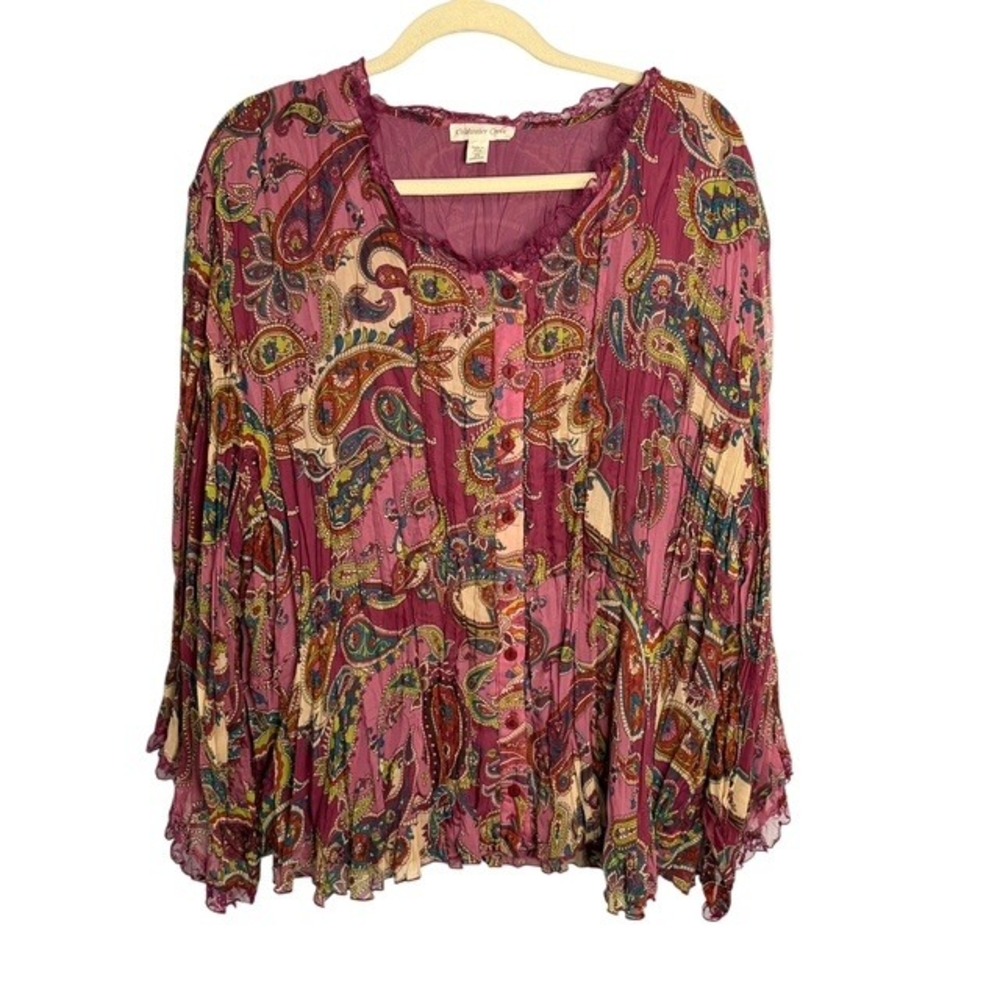 Coldwater Creek Blouse Women's 2X Floral Paisley Pleated Office Purple Pink